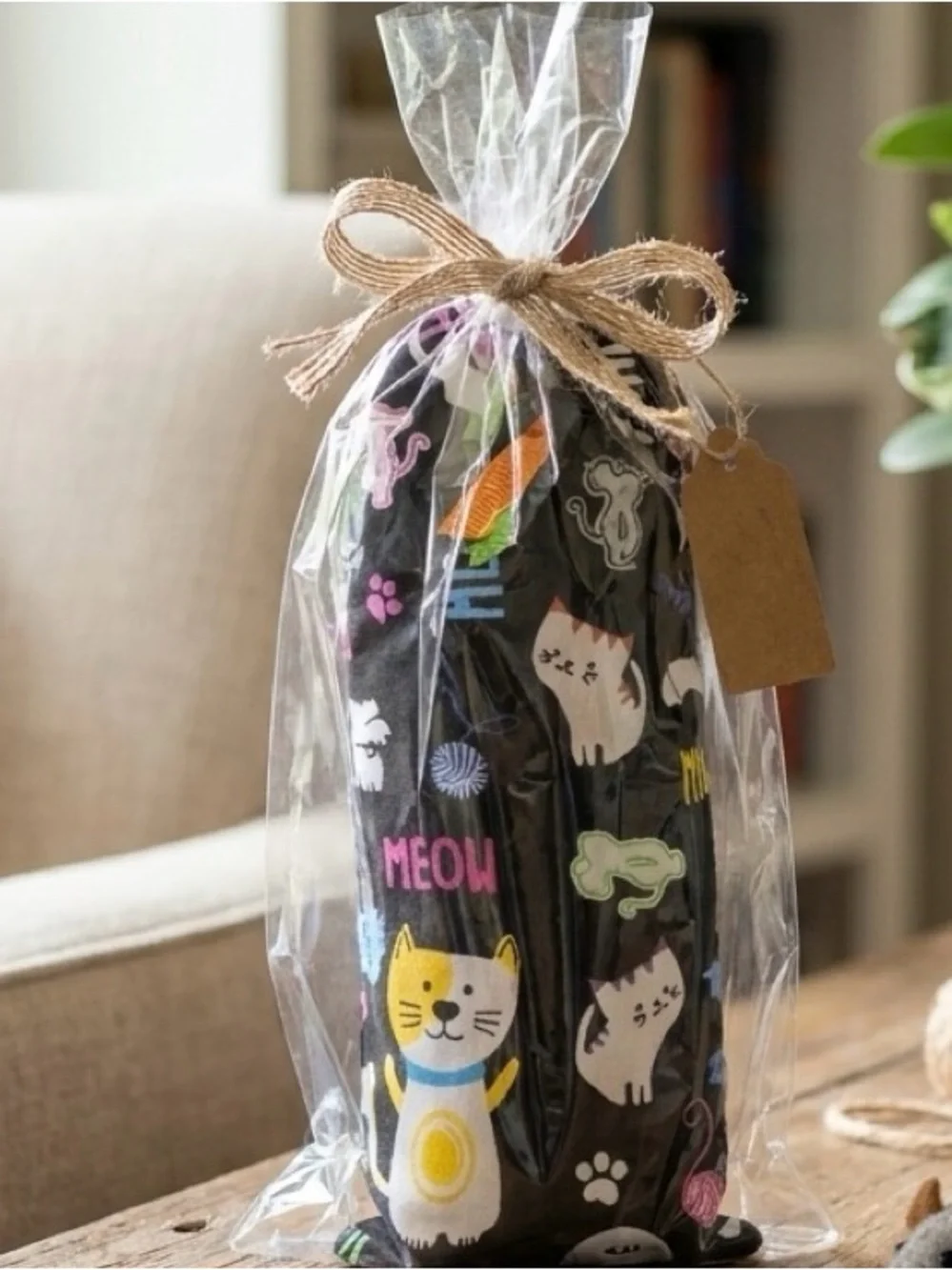 Handmade catnip kicker toy - Black Background with Multi Color Cats